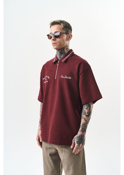 Erkek Yarım Fermuarlı Nakışlı Oversize T-Shirt Bordo fiyatları