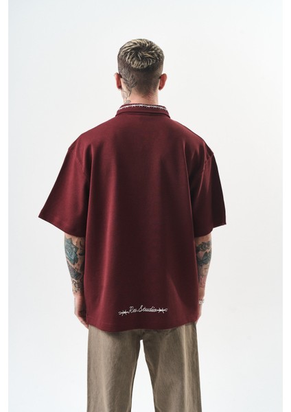 Erkek Yarım Fermuarlı Nakışlı Oversize T-Shirt Bordo modelleri