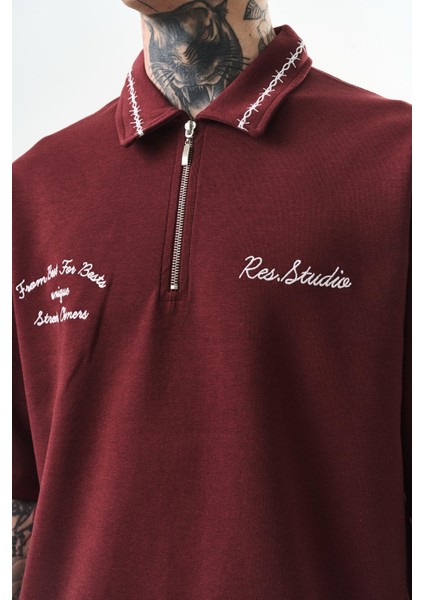 Erkek Yarım Fermuarlı Nakışlı Oversize T-Shirt Bordo fırsatları