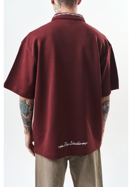 Erkek Yarım Fermuarlı Nakışlı Oversize T-Shirt Bordo indirimleri