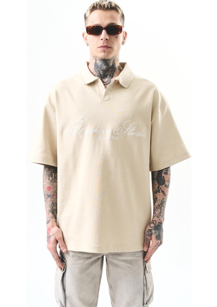 Erkek Polo Yaka Oversize T-Shirt Bej