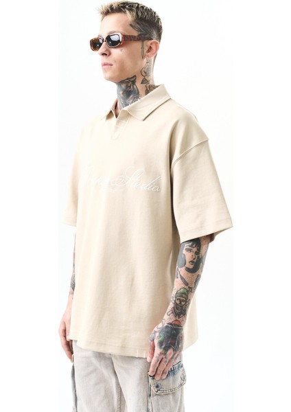 Erkek Polo Yaka Oversize T-Shirt Bej fiyatları