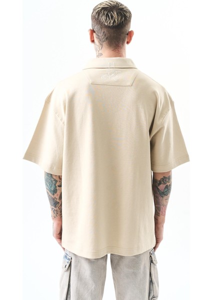 Erkek Polo Yaka Oversize T-Shirt Bej modelleri