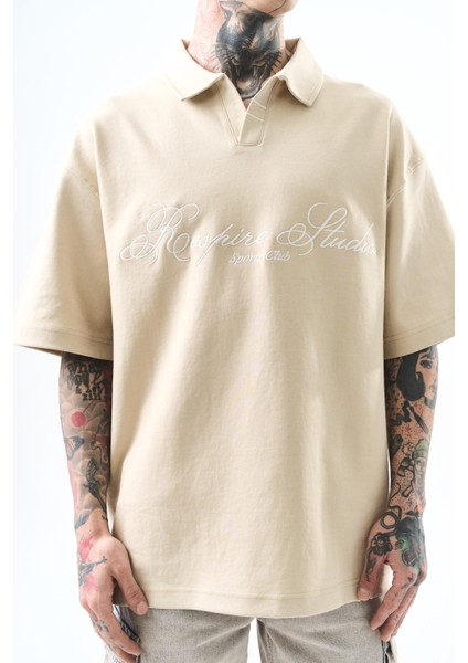 Erkek Polo Yaka Oversize T-Shirt Bej fırsatları