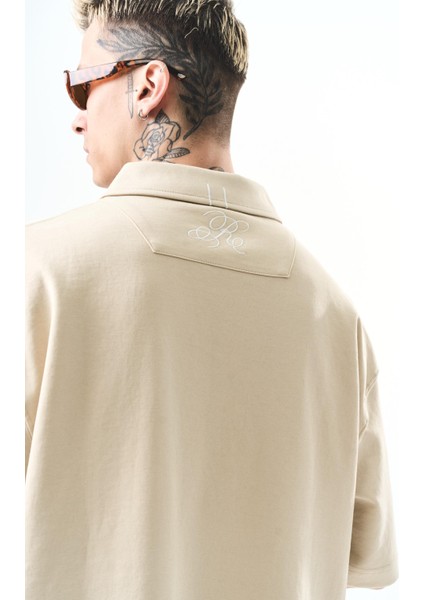 Erkek Polo Yaka Oversize T-Shirt Bej indirimleri