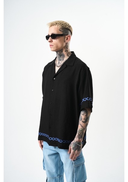 Erkek Pocket Nakışlı Oversize Keten Gömlek Siyah
