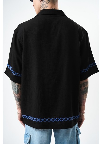 Erkek Pocket Nakışlı Oversize Keten Gömlek Siyah modelleri