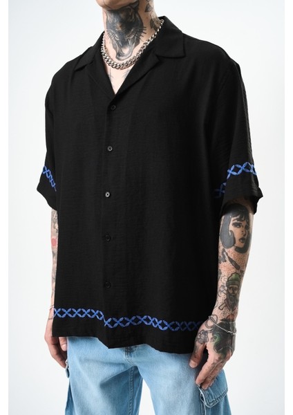 Erkek Pocket Nakışlı Oversize Keten Gömlek Siyah fırsatları