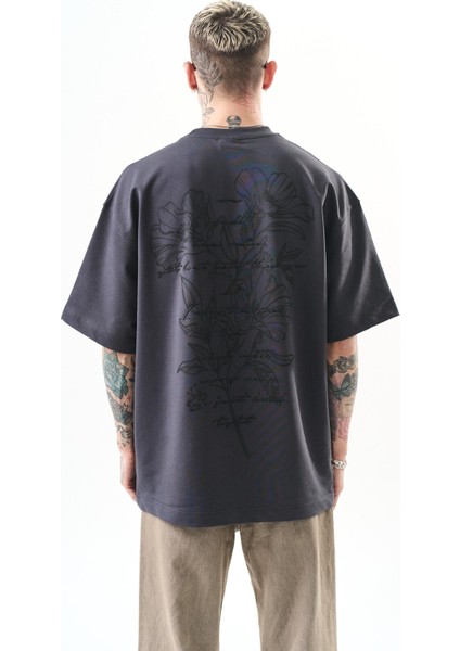 Erkek Just Hold Nakışlı Oversize T-Shirt Füme