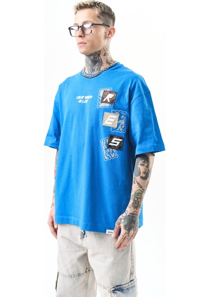 Erkek Low Vision Nakışlı Oversize T-Shirt Mavi modelleri