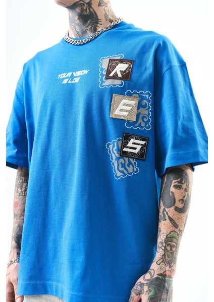 Erkek Low Vision Nakışlı Oversize T-Shirt Mavi indirimleri