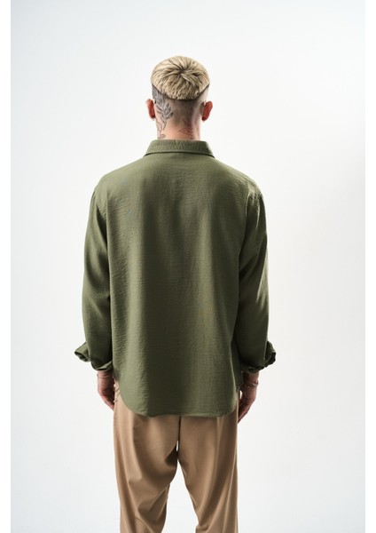 Erkek Oversize Keten Gömlek Haki
