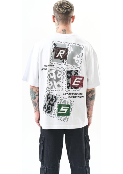 Erkek Low Vision Nakışlı Oversize T-Shirt Beyaz