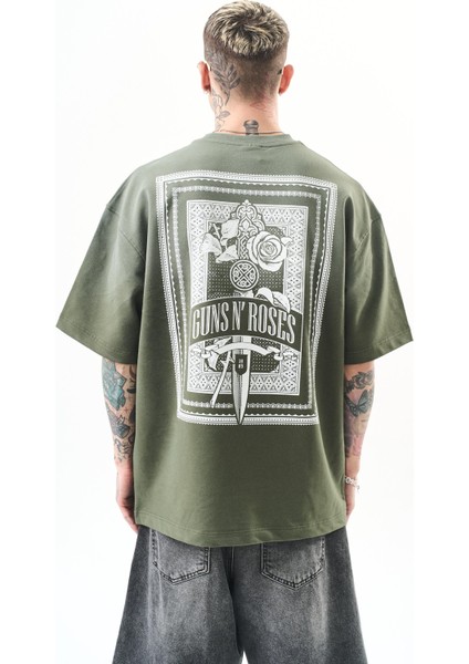 Erkek Guns Roses Baskılı Oversize T-Shirt Haki