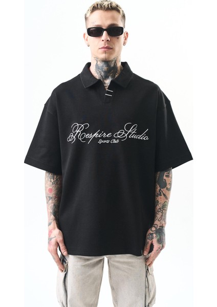 Erkek Polo Yaka Oversize T-Shirt Siyah