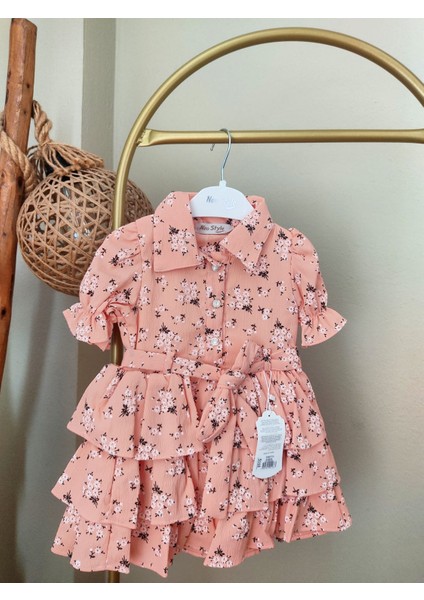 Kız Çocuk Kat Kat Yavruazı Renk Çiçekli Gömlek Yakalı Astarlı Elbise