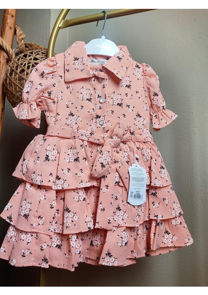 Kız Çocuk Kat Kat Yavruazı Renk Çiçekli Gömlek Yakalı Astarlı Elbise fiyatları