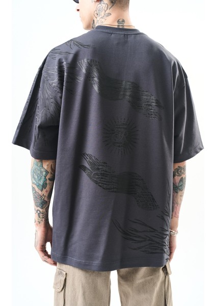 Erkek Hand Baskılı Oversize T-Shirt Füme fırsatları