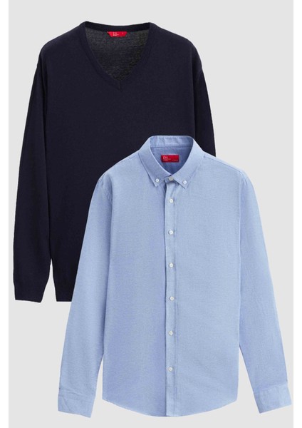 Ds Damat Slim Fit Lacivert Pamuk Karışımlı 2'li V Yaka Triko ve Gömlek