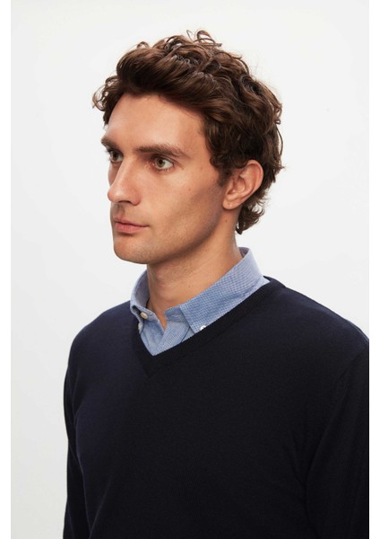 Ds Damat Slim Fit Lacivert Pamuk Karışımlı 2'li V Yaka Triko ve Gömlek modelleri