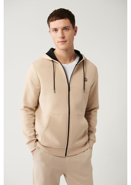 Erkek Bej Kapüşonlu 3 Iplik Şardonlu Fermuarlı Sweatshirt E001019