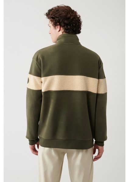Erkek Haki Soğuğa Dayanıklı Yarım Fermuarlı Dik Yaka Parçalı Polar Sweatshirt A32y1298 fırsatları