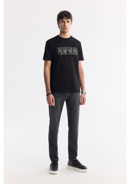 Erkek Siyah Bisiklet Yaka Hologram Baskılı İnterlok T-Shirt A51Y1092