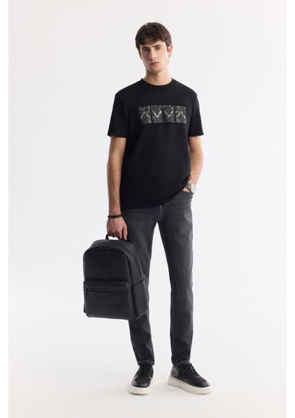 Erkek Siyah Bisiklet Yaka Hologram Baskılı İnterlok T-Shirt A51Y1092