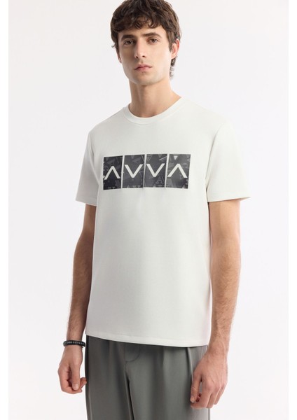 Erkek Ekru Bisiklet Yaka Hologram Baskılı İnterlok T-Shirt A51Y1092
