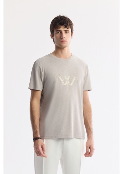 Erkek Vizon Bisiklet Yaka Baskılı Shoft Touch Flamlı T-Shirt A51Y1106