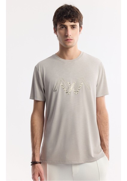 Erkek Vizon Bisiklet Yaka Baskılı Shoft Touch Flamlı T-Shirt A51Y1106