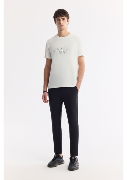Erkek Ekru Bisiklet Yaka Baskılı Shoft Touch Flamlı T-Shirt A51Y1106
