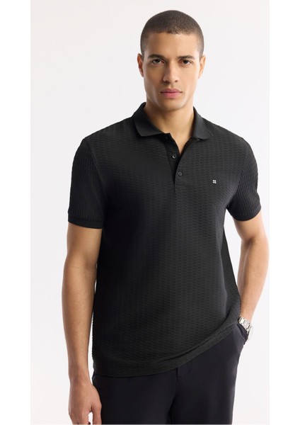 Erkek Siyah Düğmeli Polo Yaka Dokulu Jakarlı T-Shirt A51Y1121