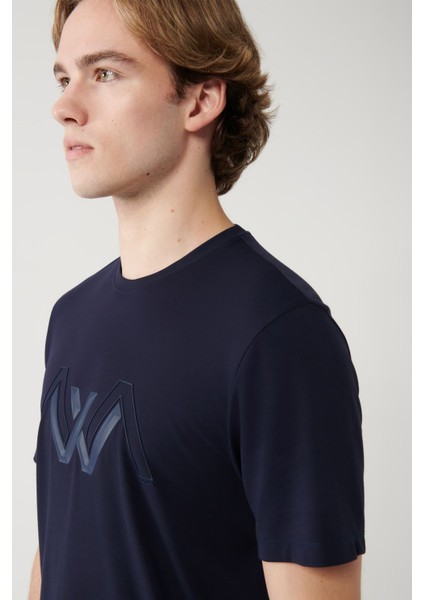 Erkek Lacivert Bisiklet Yaka Baskılı Soft Touch T-shirt A41y1037