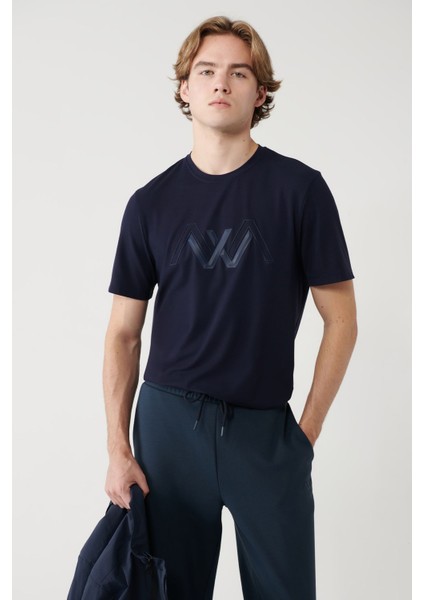 Erkek Lacivert Bisiklet Yaka Baskılı Soft Touch T-shirt A41y1037