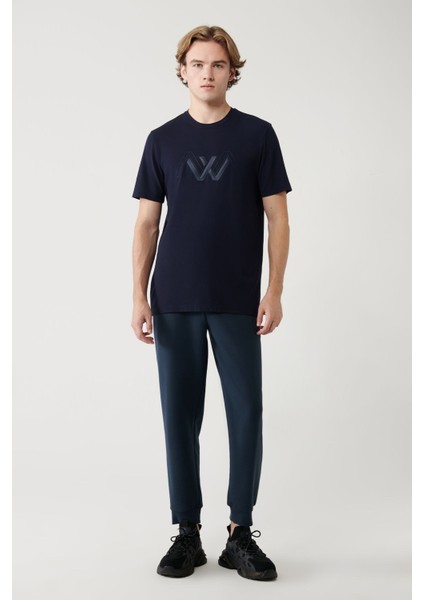 Erkek Lacivert Bisiklet Yaka Baskılı Soft Touch T-shirt A41y1037