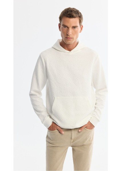 Erkek Ekru Kapüşonlu Baskılı Elastan Sweatshirt A42y1332
