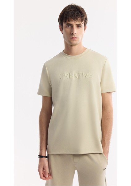 Erkek Bej Regular Fit Bisiklet Yaka Baskılı Bi Stretch İnterlok T-Shirt A51Y1131