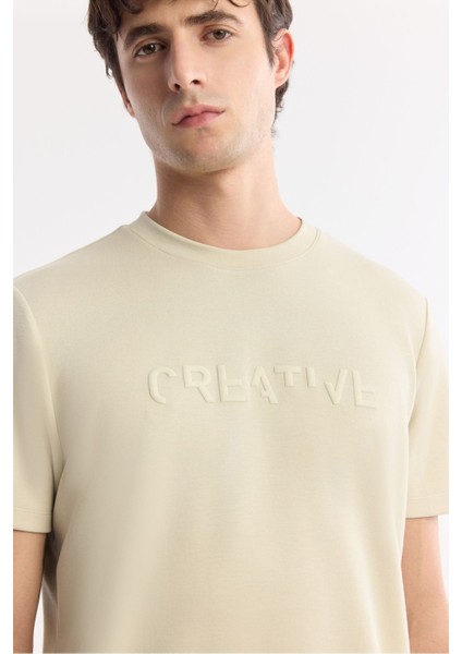 Erkek Bej Regular Fit Bisiklet Yaka Baskılı Bi Stretch İnterlok T-Shirt A51Y1131