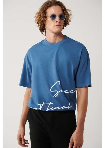 Erkek Indigo %100 Pamuk Bisiklet Yaka Baskılı T-shirt A41y1038