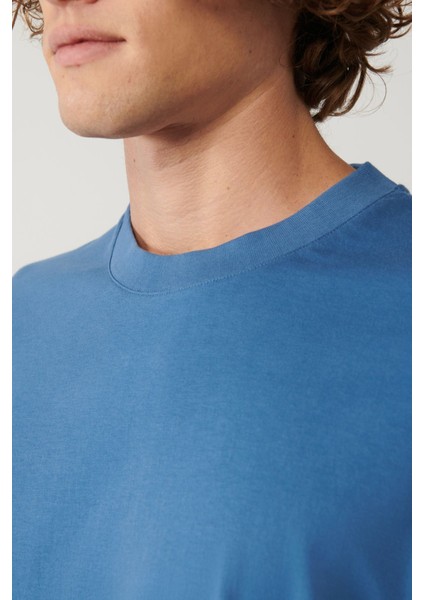 Erkek Indigo %100 Pamuk Bisiklet Yaka Baskılı T-shirt A41y1038