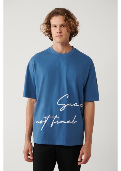 Erkek Indigo %100 Pamuk Bisiklet Yaka Baskılı T-shirt A41y1038