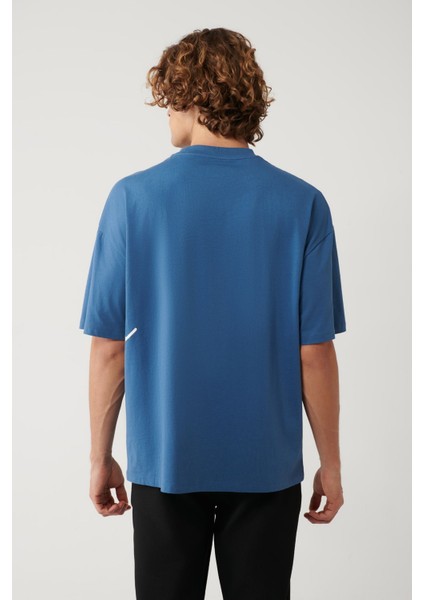 Erkek Indigo %100 Pamuk Bisiklet Yaka Baskılı T-shirt A41y1038