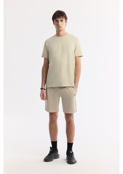 Erkek Bej Regular Fit Bisiklet Yaka Baskılı Bi Stretch İnterlok T-Shirt A51Y1131
