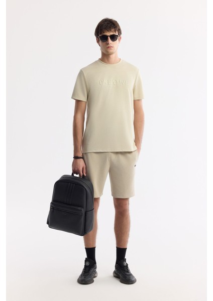 Erkek Bej Regular Fit Bisiklet Yaka Baskılı Bi Stretch İnterlok T-Shirt A51Y1131