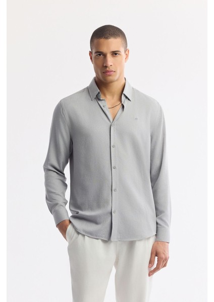 Erkek Gri Alttan Britli Yaka Kolay Ütülenir Jakarlı Comfort Fit Gömlek A51Y2043