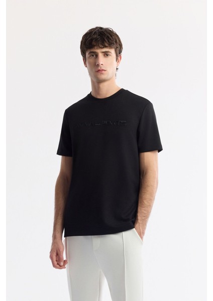 Erkek Siyah Bisiklet Yaka Enjeksiyon Baskılı İnterlok T-Shirt A51Y1001
