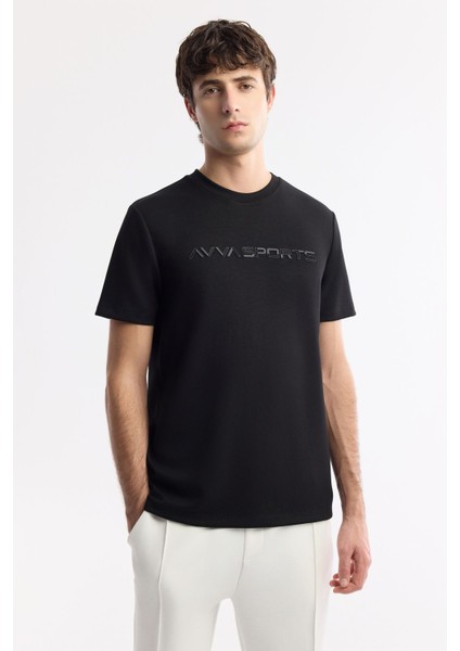 Erkek Siyah Bisiklet Yaka Enjeksiyon Baskılı İnterlok T-Shirt A51Y1001