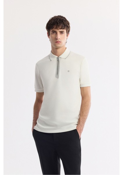 Erkek Ekru Polo Yaka Bi Stretch Baskılı Interlok T-shirt A51y1007
