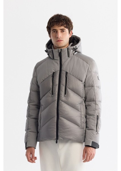 Erkek Gri Çıkma Kapüşonlu Su İtici Rüzgar Geçirmez Kaz Tüyü Şişme Kayak Montu A42Y6158